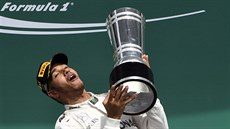 JE MOJE! Vítz Velké ceny Nmecka Lewis Hamilton hrd pózuje s trofejí.