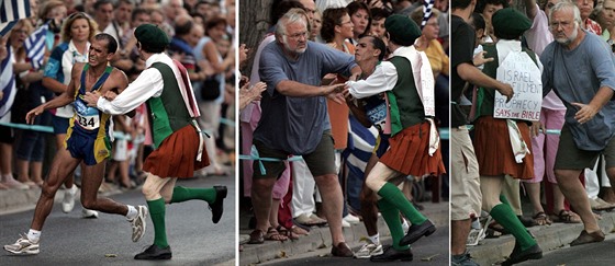 NAPADENÍ A ZÁCHRANA. Incident z olympijského maratonu v roce 2004. Vyinutý...