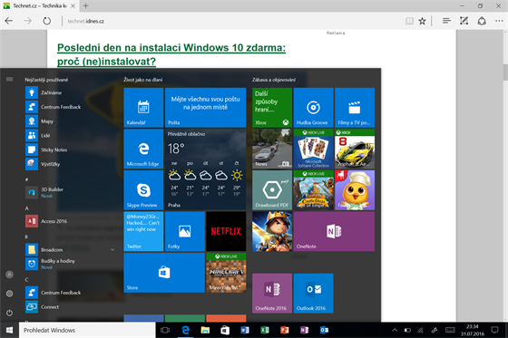 Nový vzhled nabídky Start ve výroním updatu Windows 10.