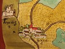 Pozstatky hradu Tepenec na map panství Dolanských kartuzián z 18. století....