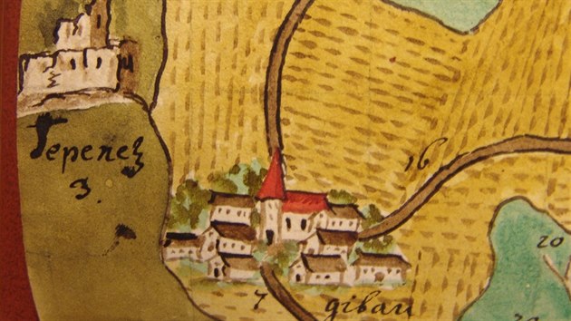 Pozstatky hradu Tepenec na map panství Dolanských kartuzián z 18. století....