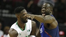 Nigerijský basketbalista Ekene Ibekwe (vlevo) p�ihrává kolem amerického pivota...