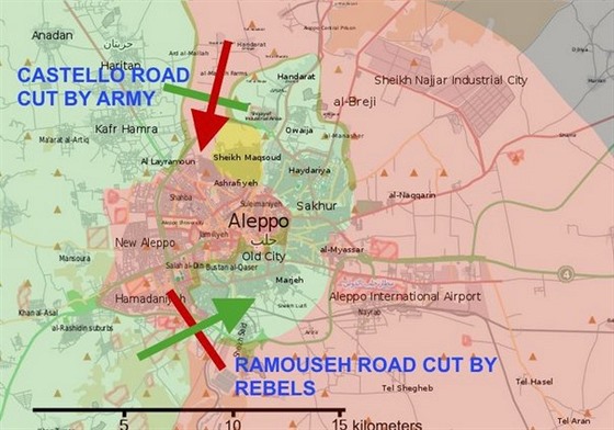 Současný stav u syrského Aleppa - povstalecké síly (zelené), vládní síly...