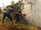 Civilisté a policisté pomáhají hasit poár alespo kýbly s vodou (10. sprna...