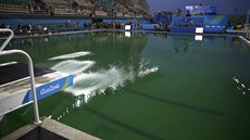 Zelená voda v bazénu pro skokany do vody zaujala diváky stejně jako sportovní...