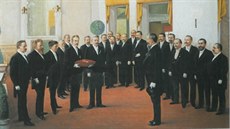 Olejomalba na plátn od Adolfa Hemricha zachycuje slavnostní otevení divadla...