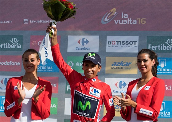 Nairo Quintana v dresu lídra Vuelty 