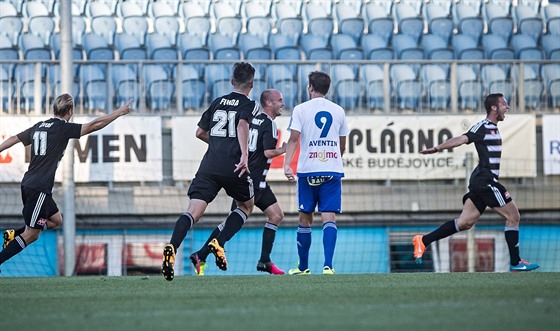 Fotbalisté eských Budjovic se radují z gólu v zápase se Znojmem.