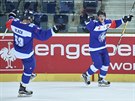 Hokejisté Liberce Jaroslav Vlach (vlevo) a Jan Ordo (vpravo) se radují ze...
