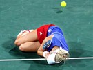 Andrea Hlaváková se svíjí v bolestech po úderu míkem od Martiny Hingisové...