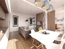 Vizualizace: ložnice je s obývacím pokojem spojena širokým průchodem s posuvným...