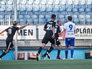 Fotbalisté eských Budjovic se radují z gólu v zápase se Znojmem.