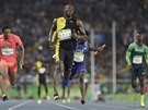 Usain Bolt (uprosted) na trati tafety na 4x100 metr v Riu.