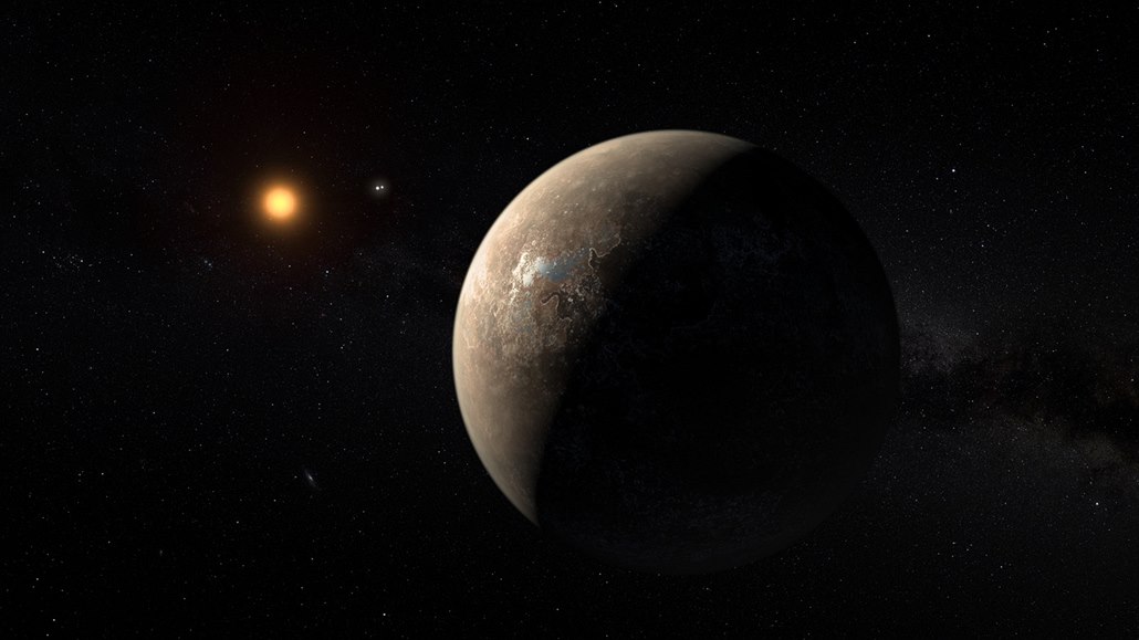 Ilustrace planety Proxima Centauri b s hvězdou v pozadí