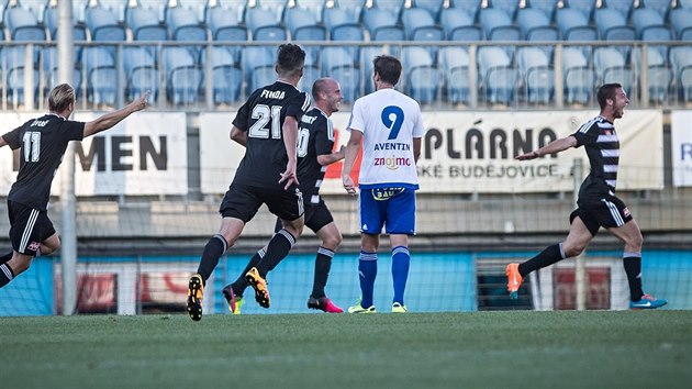 Fotbalist eskch Budjovic se raduj z glu v zpase se Znojmem.