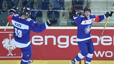 Hokejisté Liberce Jaroslav Vlach (vlevo) a Jan Ordoš (vpravo) se radují ze...