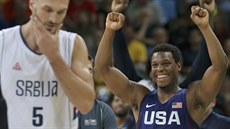 Basketbalista Spojených stát Kyle Lowry se raduje z jednoznaného vítzství ve...