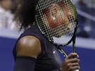 Serena Williamsová se schovává za raketu bhem semifinále tenisového US Open.
