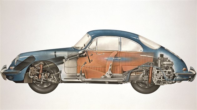 Řez technikou Porsche 356. Erwin Komenda byl odpovědný za vnější podobu auta, musel ale samozřejmě úzce spolupracovat s vývojáři ostatních komponentů.