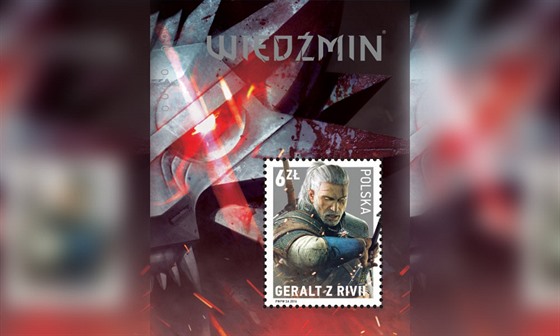 Poštovní známka s Geraltem ze série Zaklínač