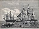 Lod HMS Erebus a HMS Terror z Franklinovy expedice na dobové grafice.