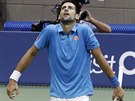 Srbský tenista Novak Djokovi lomí rukama ve finále US Open.