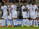 Fotbalisté Leicesteru slaví gól Marca Albrightona v Lize mistr v Bruggách, byl...
