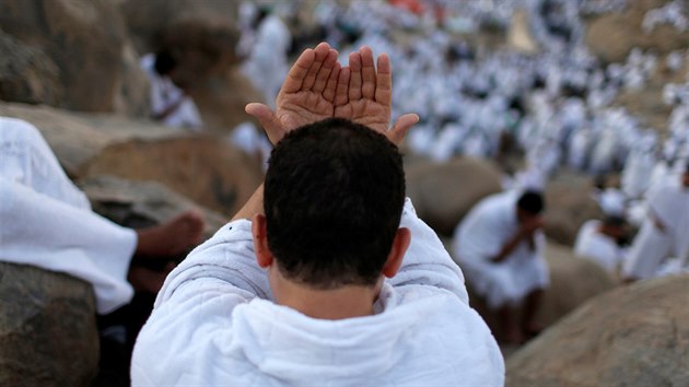 Muslim pilgrim prays on Mount Mercy on the plains of Arafat during the annual haj pilgrimage, outside the holy city of Mecca