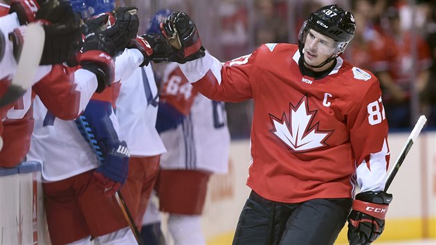 Kanadsk tonk Sidney Crosby si plc se spoluhri po glu v utkn proti esku.