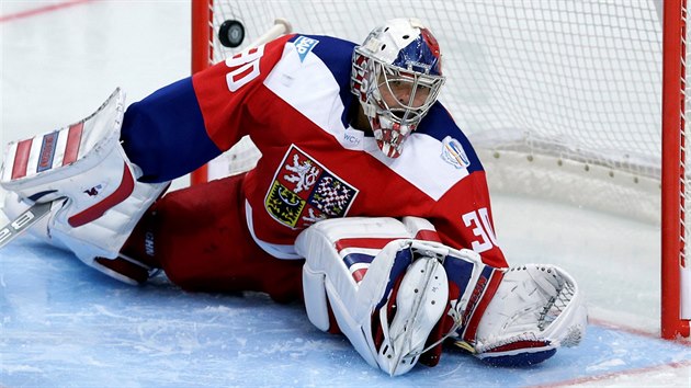 Michal Neuvirth v brance eskho nrodnho tmu zasahuje v utkn proti Rusku.