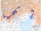 Mapa znázorující italsko-rakouskou frontovou linii v letech 19151917. Modrá...