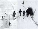 Rakoutí vojáci ped úkrytem vydlabaným v ledu v oblasti prsmyku Stelvio