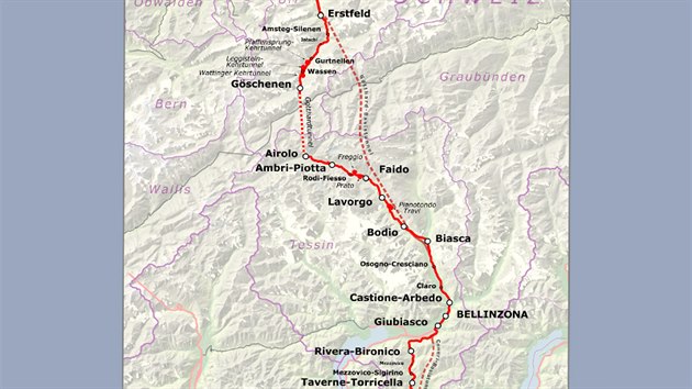 Schematická trasa staré a nové železniční trasy v oblasti průsmyku svatého Gottharda. Tunely jsou označeny čárkovaně.