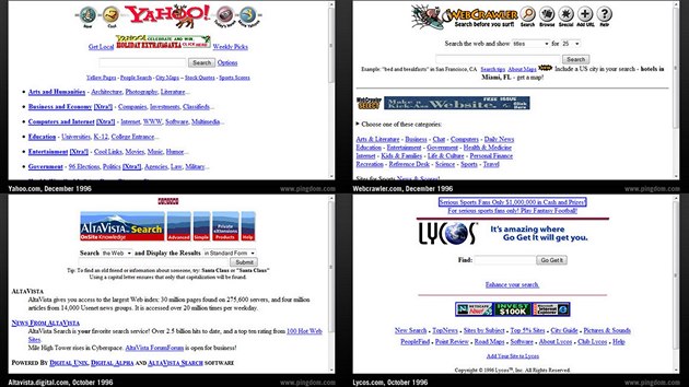 1995 - Ped pchodem Googlu dominovaly internetovmu vyhledvn strnku Yahoo, AltaVista, WebCrawler a Lycos. Nabzely run spravovan adres s kategoriemi strnek a tak zkladn monost textovho vyhledvn.