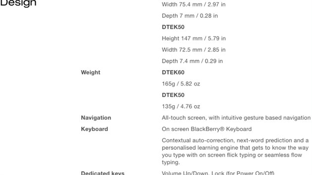 Podrobn parametry chystanho BlackBerry DTEK60 a souasnho DTEK50
