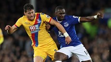Joel Ward (vlevo) z Crystal Palace a Yannick Bolasie z Evertonu bojují o mí�.