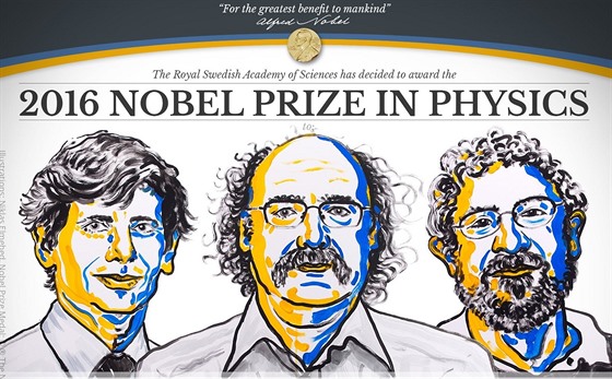 Nositelé Nobelovy ceny za fyziku pro rok 2016. Zleva David Thouless, Duncan...