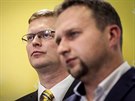 Pavel B�lobrádek a Marián Jure�ka b�hem tiskové konference KDU-�SL k výsledk�m...