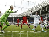 Fotbalista Swansea Leroy Fer (vpravo) doklepv do st m po rohovm kopu a...