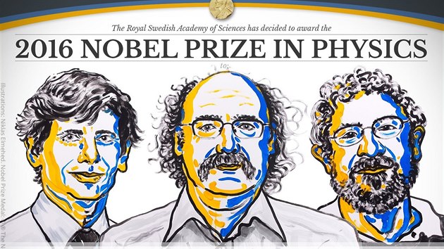 Nositelé Nobelovy ceny za fyziku pro rok 2016. Zleva David Thouless, Duncan...