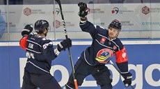 Vítkovičtí hokejisté Vojtěch Tomi a Lukáš Klok se radují z gólu.