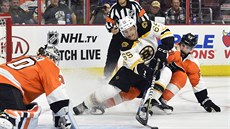 Branká Michal Neuvirth z Philadelphie elí anci bostonského Chrise Casta....