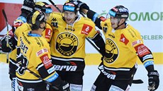 Hokejisté Litvínova slaví gól v utkání proti Spart.