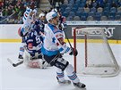 Chomutovtí hokejisté oslavují gól v utkání s Kometou Brno.