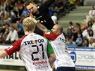 Momentka z duelu Poháru EHF mezi házenkái Plzn (erná) a Koldingu Koda. 