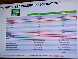 Specifikace disk WD Green SSD (slide prezentace z tiskov konference)