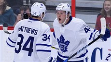 TO SI DLÁ... Morgan Rielly nevícn gratuluje Austonu Matthewsovi k dalímu...