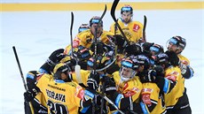 Hokejisté Litvínova se radují z výhry nad Hradcem Králové.