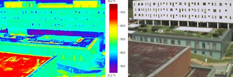 Snímek z termovize dokládá, e zelená stecha pavilonu onkologie Fakultní...
