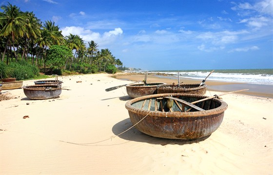 Lodě na palmové pláži v blízkosti Mui Ne